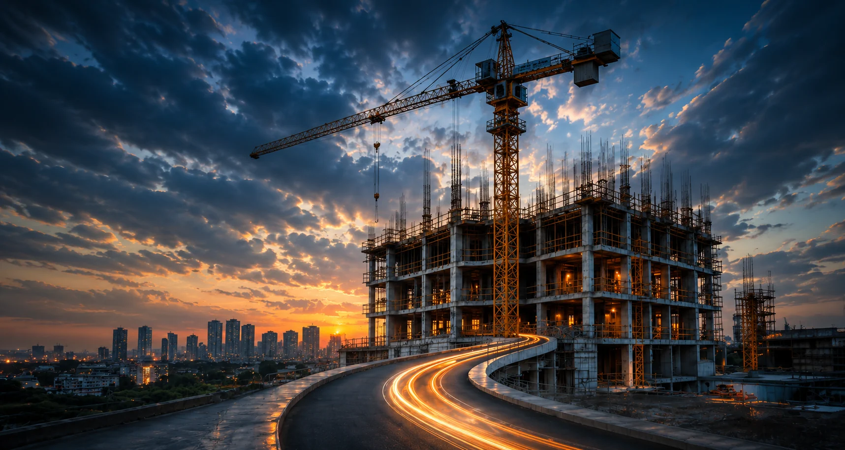 Obra de construcción de gran escala al atardecer